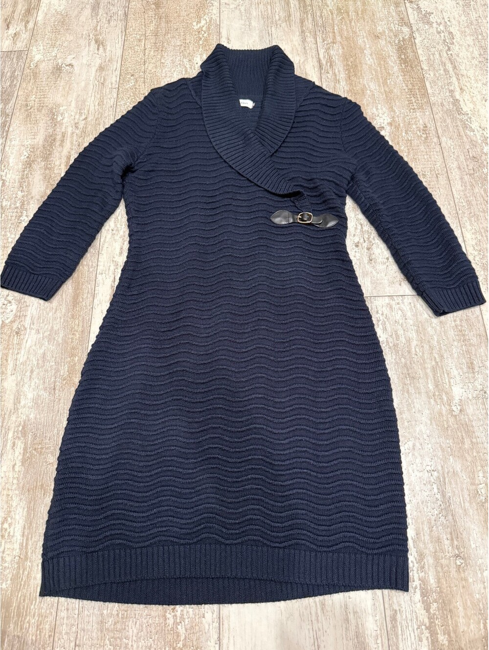 Calvin Klein Navy Shawl Collar Sweater Dress Buckle Cozy